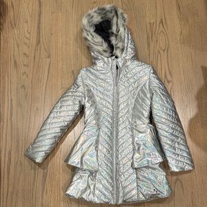 Catimini Silver Iridescent Coat with Faux Fur Hood